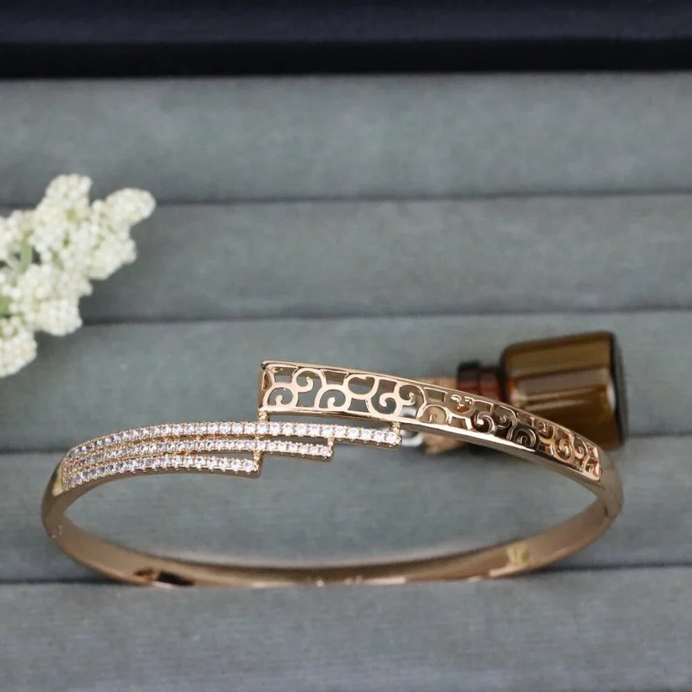 Rose Gold Bangle with Cutout Scroll Design and Triple Row Stones, XPBL0526 - Picture 12 of 12